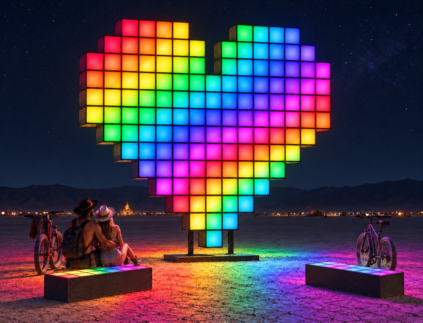 The heart in rainbow colors under the Milky Way, a couple sitting on a glowing bench.