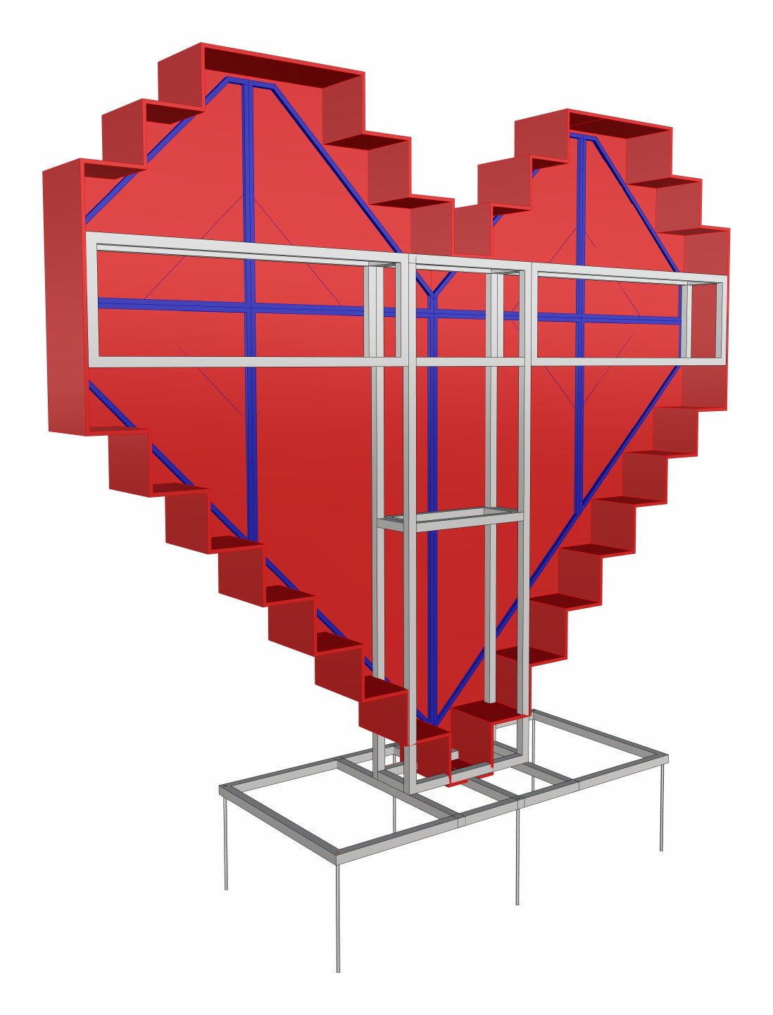 3D sketch, three-quarter view of the heart's shell with the steel frame behind it.