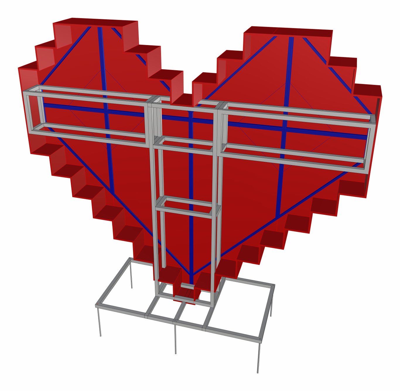 3D sketch, rear view showing the steel frame and base.